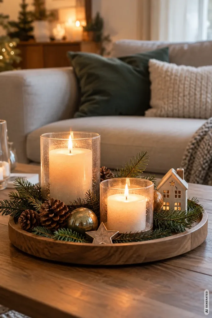 Weihnachtsdeko für den Couchtisch mit Kerzen, Tannengrün und niedriger Anordnung im gemütlichen Wohnzimmer.