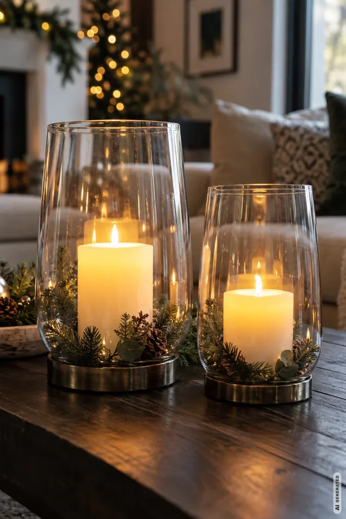 Zwei unterschiedlich große Glaswindlichter mit leuchtenden LED-Kerzen auf einem dunklen Wohnzimmertisch.