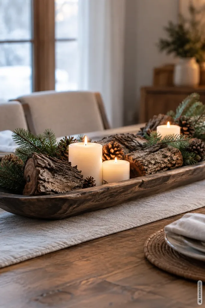 Rustikale Adventsschale aus Holz mit Baumrinde, Tannenzweigen, Zapfen und leuchtenden Kerzen auf dem Esstisch.