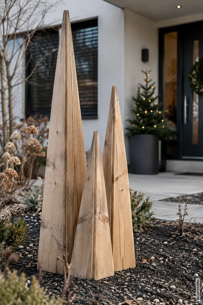 Moderne Weihnachtsdeko für den Vorgarten: 5 Ideen, die du nicht überall siehst Drei unterschiedlich hohe Weihnachtsbäume aus Holz als moderne Weihnachtsdeko in einem winterlichen Vorgarten.