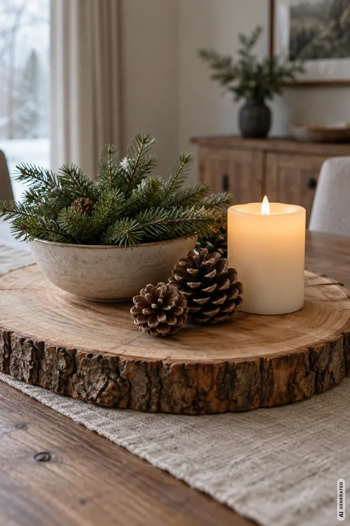 Große Holzscheibe mit Tannengrün, Zapfen und leuchtender Kerze auf einem festlich dekorierten Esstisch.