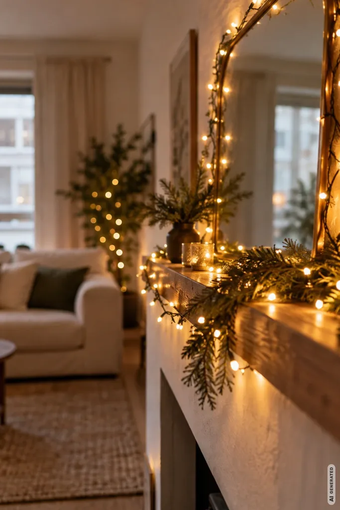 Warmweiße Lichterkette schmückt einen Wandspiegel und ein Holzregal in einem gemütlichen kleinen Wohnzimmer.