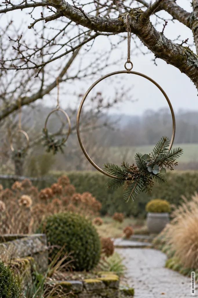 Moderne Weihnachtsdeko für den Garten: 5 Ideen, die du nicht überall siehst Drei unterschiedlich große Metallringe mit Tannenzweigen hängen an kahlen Ästen eines Baumes im winterlichen Garten.