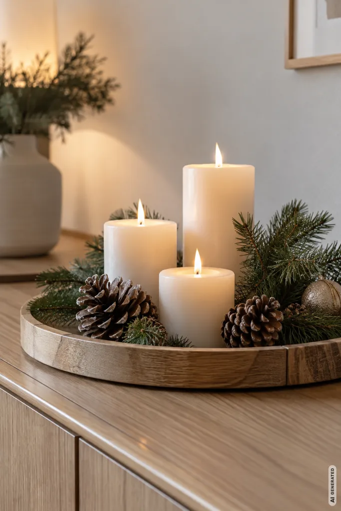 Weihnachtsdeko für das Sideboard mit Holztablett, Kerzen, Tannenzweigen und Zapfen.