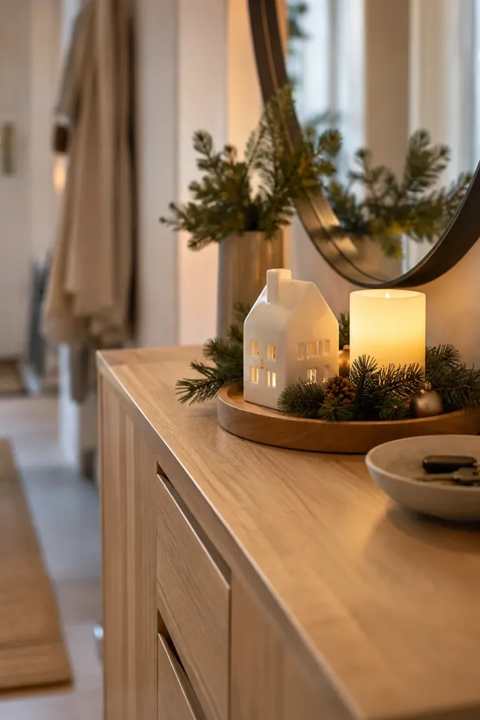 Weihnachtsdeko für den Flur mit Keramikhaus, Tannengrün und LED-Kerze auf einer hellen Holzkommode.