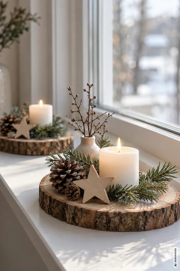 Zwei Holzscheiben mit Kerzen, Tannenzweigen, Zapfen und Holzsternen auf einer hellen Fensterbank.