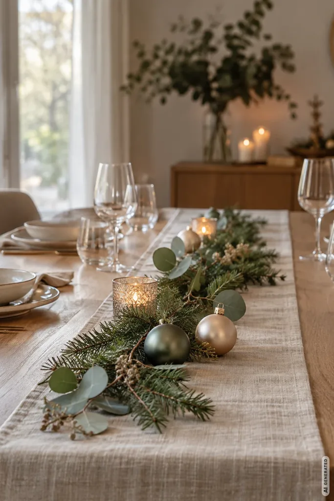 Moderner Esstisch mit schmalem Leinenläufer, Tannengrün, Eukalyptus, Weihnachtskugeln und kleinen Windlichtern.