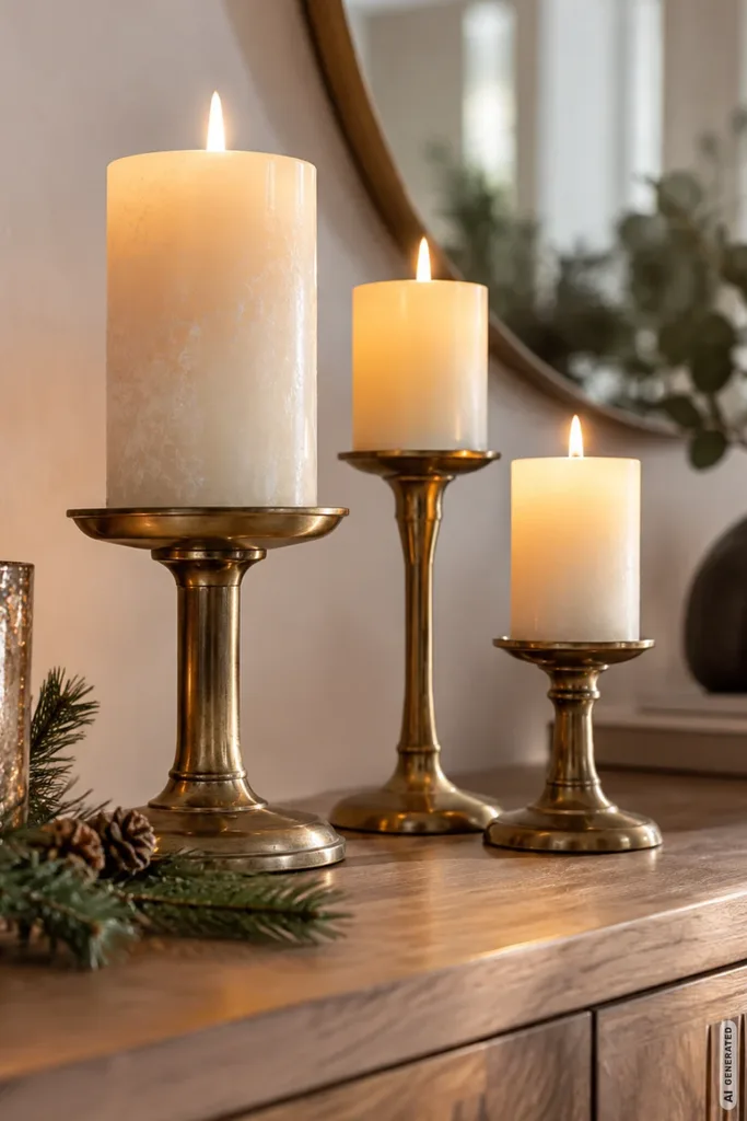 Weihnachtsdeko für das Sideboard mit Kerzenlicht, Messinghaltern und Tannengrün auf Holzsideboard.