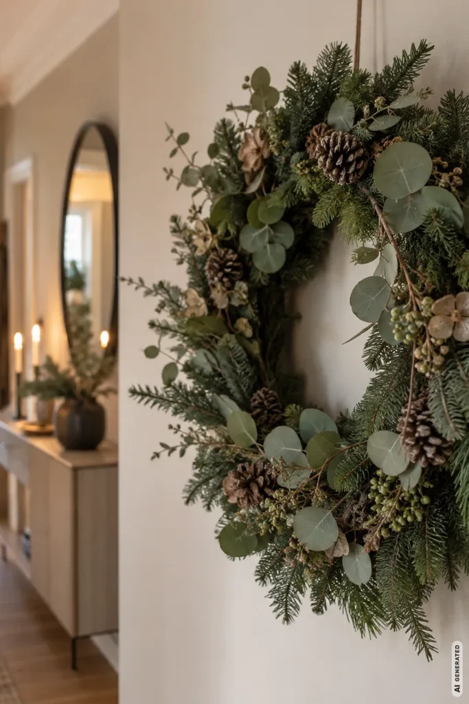 Weihnachtsdeko für den Flur mit einem Wandkranz aus Tannengrün, Eukalyptus und Zapfen an einer hellen Wand.