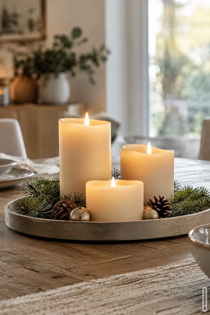 Drei cremefarbene Stumpenkerzen auf einem flachen Tablett mit Tannengrün und Zapfen als moderne Weihnachtsdeko.