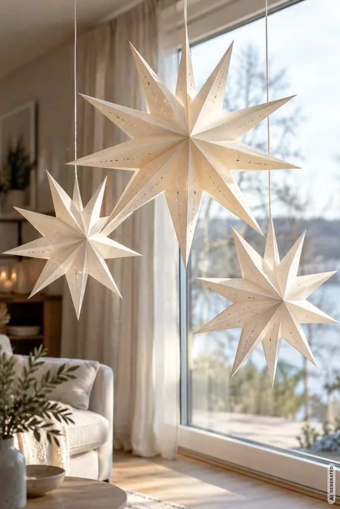 Drei helle Papiersterne hängen vor einem großen Wohnzimmerfenster mit weichen Vorhängen.