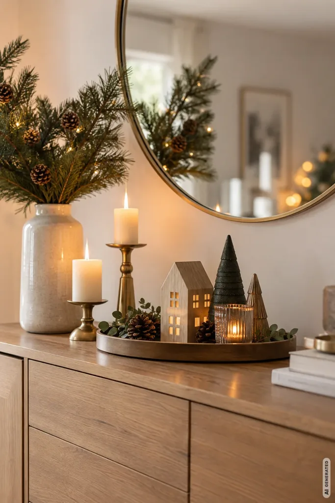 Weihnachtsdeko für das Sideboard mit Spiegel, Kerzen, Tannengrün und kleinen Holzhäusern.