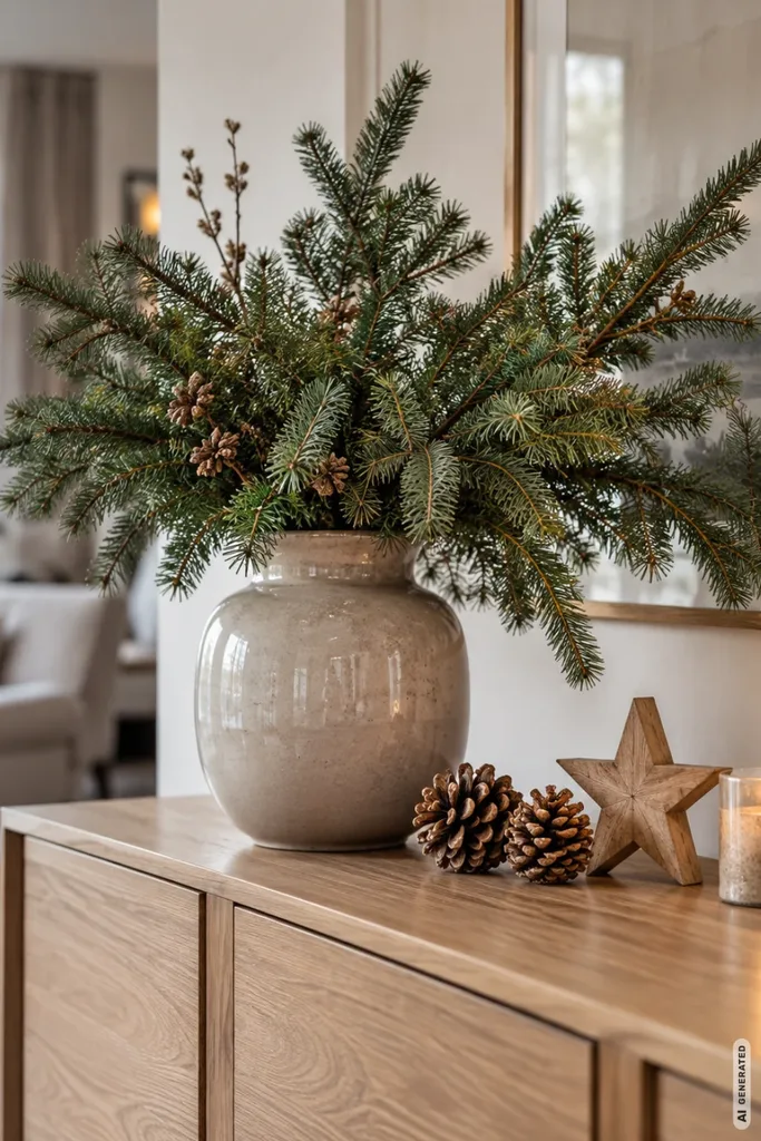 Weihnachtsdeko fürs Sideboard mit Tannenzweigen, Vase, Zapfen und Kerze in ruhigem Wohnraum.