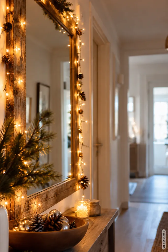 Weihnachtsdeko für den Flur mit warmweißer Lichterkette am Holzspiegel und dezenten Tannenzweigen.