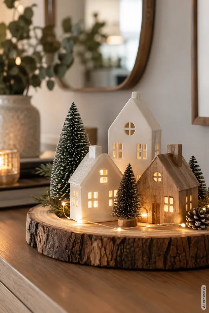 Beleuchtete Miniaturhäuser und kleine Tannen stehen auf einer großen Holzscheibe auf dem Sideboard.
