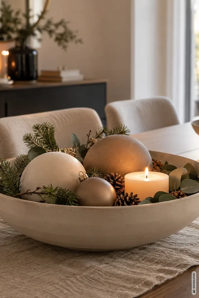 Große helle Keramikschale mit matten Weihnachtskugeln, Tannenzweigen, Eukalyptus und Kerze auf einem Holztisch.