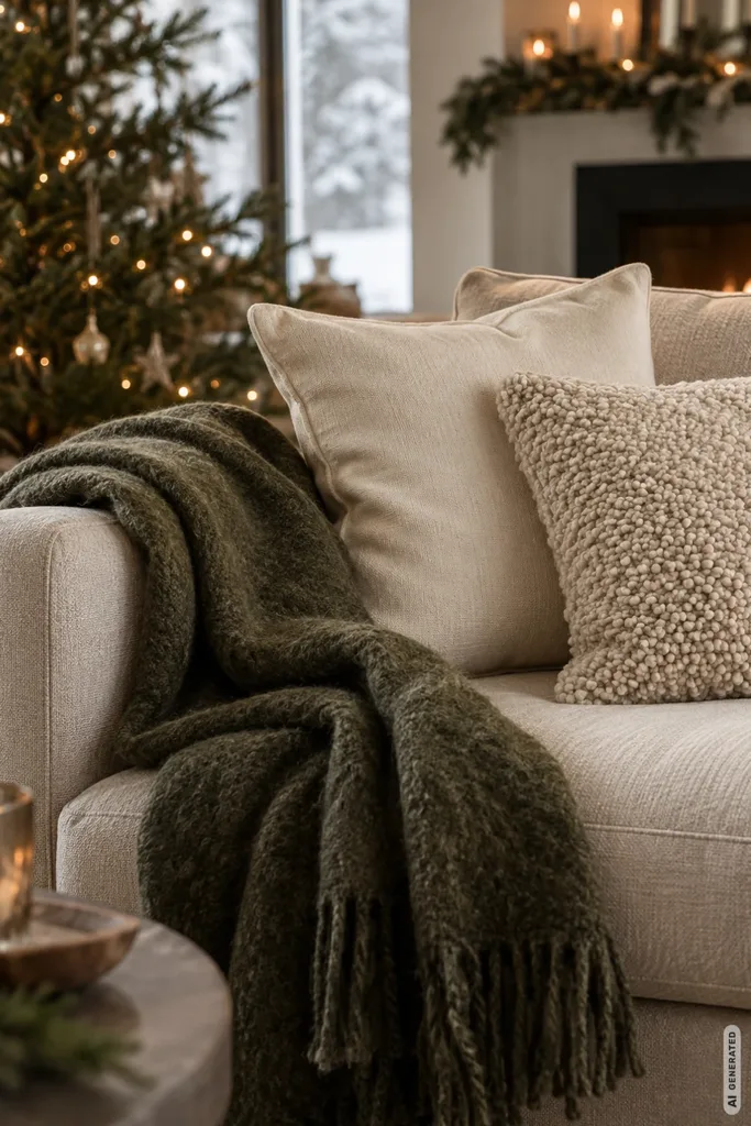 Helles Sofa mit strukturierter Kissenkombination und dunkler Wolldecke in weihnachtlicher Atmosphäre.