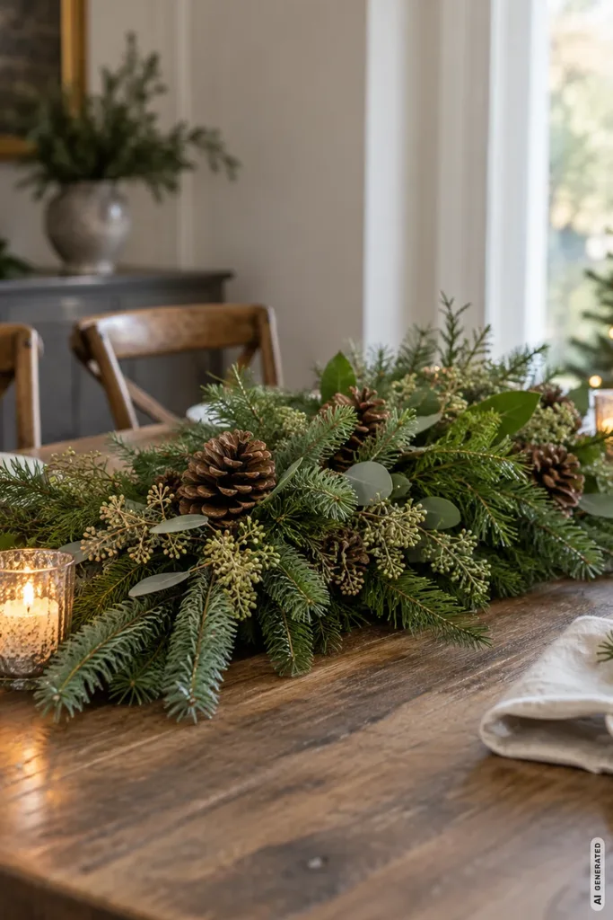 Weihnachtsdeko für den Esstisch mit flacher Mitte aus Tannengrün, Zapfen und Kerzen auf rustikalem Holztisch.