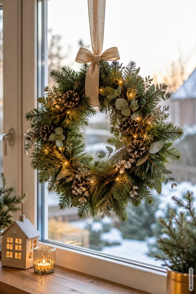 Weihnachtsdeko fürs Fenster: 5 Ideen, die auch von draußen schön aussehen Weihnachtsdeko für die Fenster mit grünem Weihnachtskranz, Tannenzweigen, Zapfen und warmem Licht.