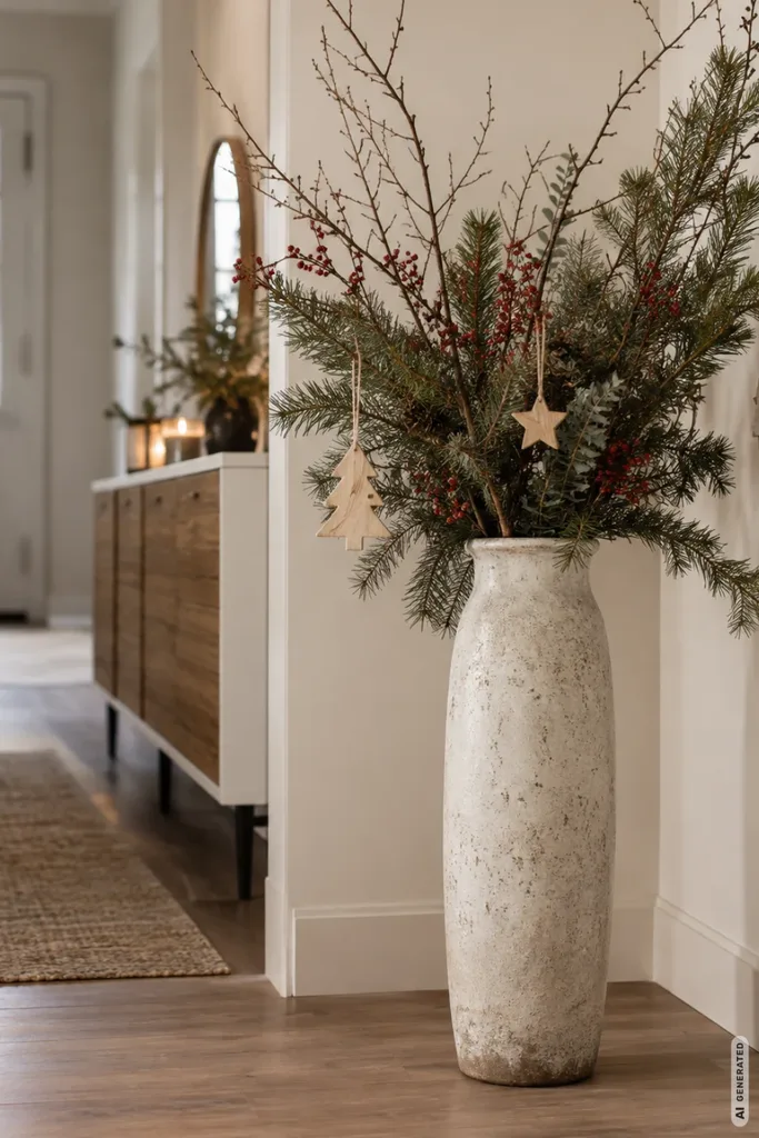 Weihnachtsdeko für den Flur mit hoher Keramikvase, winterlichen Zweigen, roten Beeren und Holzanhängern.