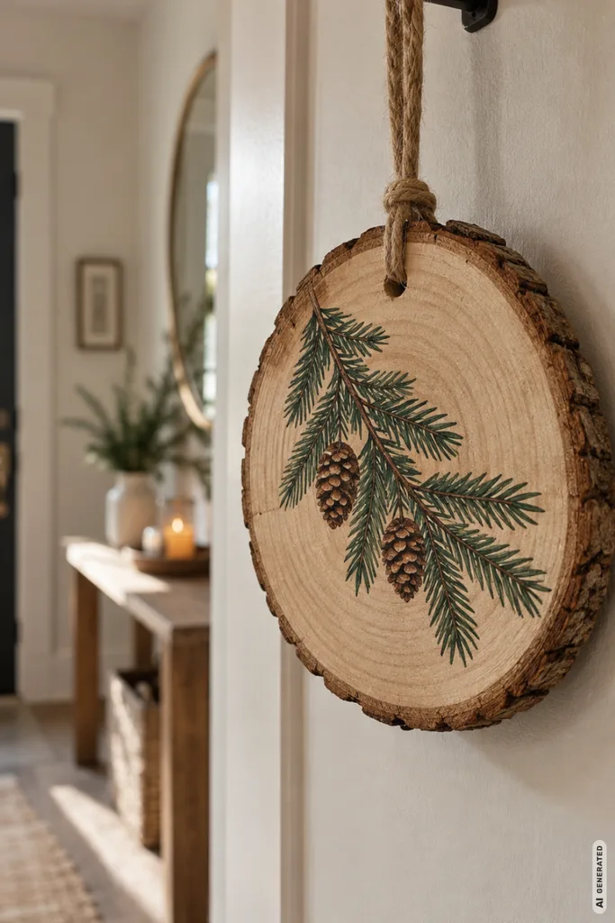Rundes Holzschild mit aufgemaltem Tannenzweig und Zapfen hängt an einer Kordel im hellen Flur.