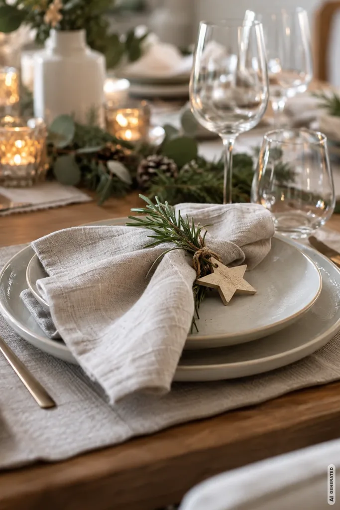 Modernes Weihnachtsgedeck mit Leinenserviette, Rosmarinzweig und kleinem Holzstern auf hellem Keramikgeschirr.