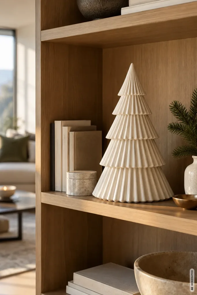 Helles Holzregal mit skulpturalem Keramikbaum, Büchern und einer kleinen Tannenvase.