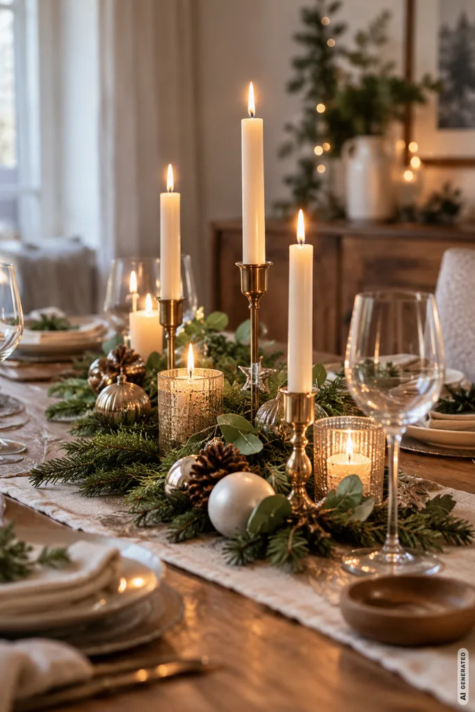 Weihnachtsdeko für den Esstisch mit gestaffelten Kerzen, Tannengrün und festlich gedecktem Holztisch.