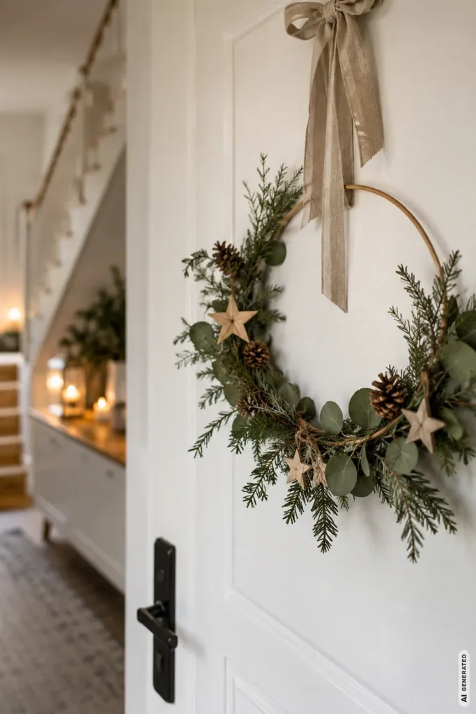 Weihnachtsdeko für den Flur mit natürlichem Weihnachtskranz, Tannenzweigen und Holzsternen an einer weißen Haustür.