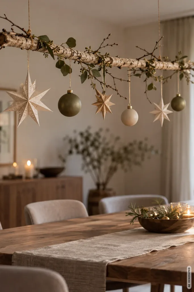 Hängender Birkenzweig mit Papiersternen und matten Weihnachtskugeln über einem modern dekorierten Holzesstisch.