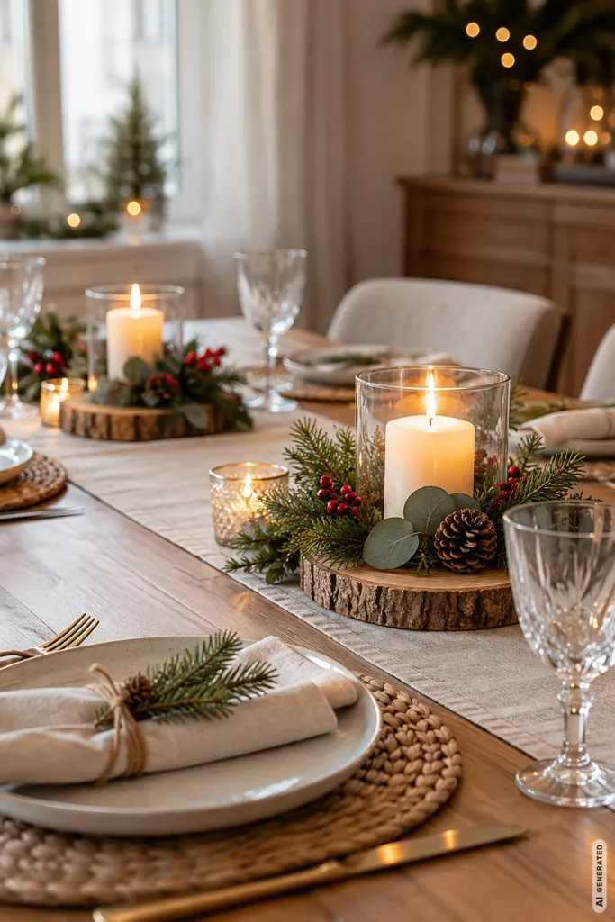 Weihnachtsdeko für den Esstisch mit kleinen festlichen Dekoinseln aus Kerzen, Tannengrün und Naturmaterialien.