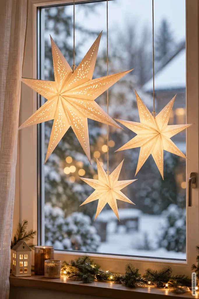 Weihnachtsdeko fürs Fenster: 5 Ideen, die auch von draußen schön aussehen Weihnachtsdeko für die Fenster mit drei leuchtenden Sternen in unterschiedlichen Höhen vor der Scheibe.