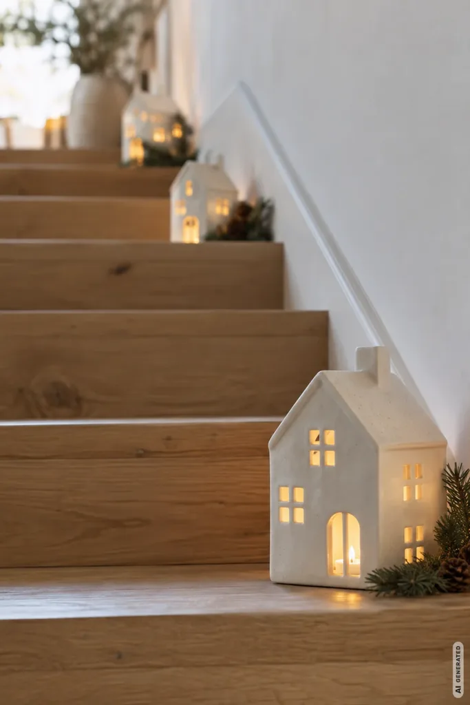 Moderne Weihnachtsdeko für Treppenstufen mit weißen Lichthäusern auf einer Holztreppe.