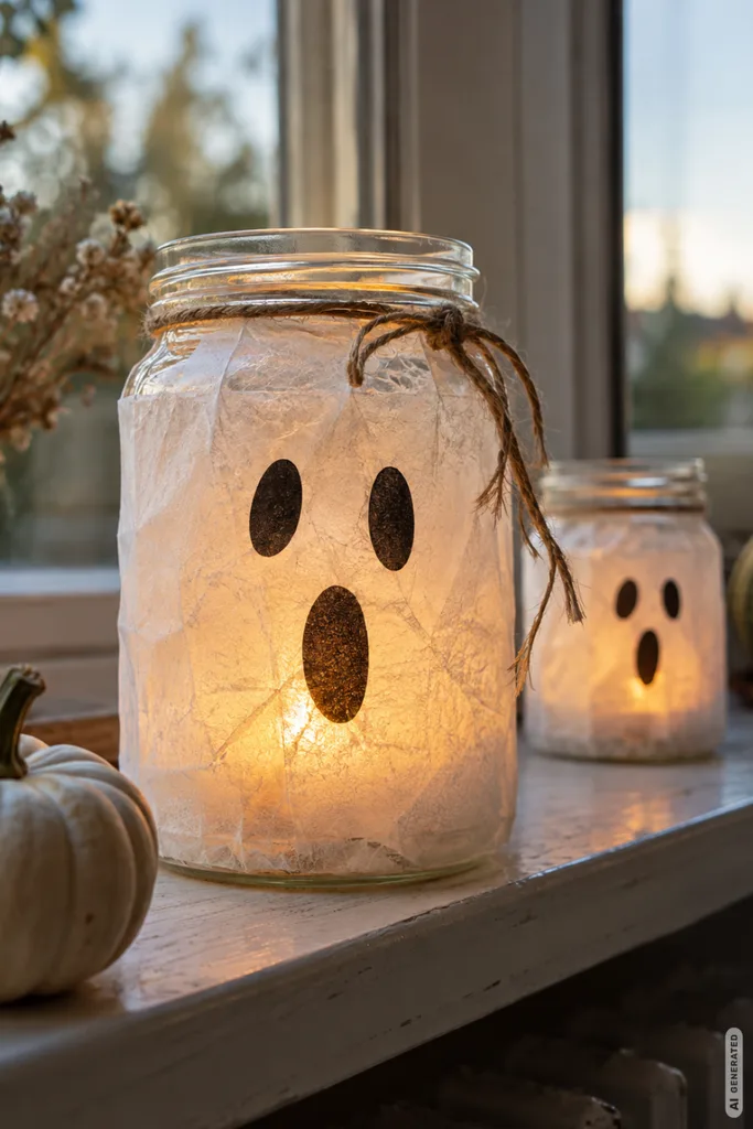 Zwei leuchtende Geistergläser mit schwarzen Gesichtern und warmweißem Licht auf einer herbstlich dekorierten Fensterbank.