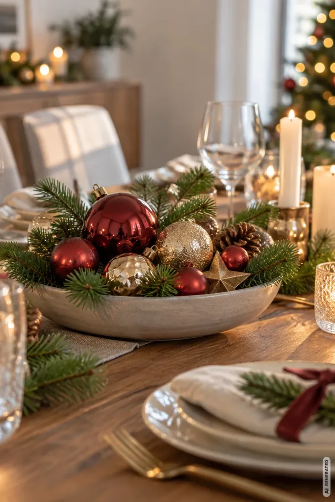 Weihnachtsdeko für den Esstisch mit roten und goldenen Weihnachtskugeln, Tannengrün und Kerzen.