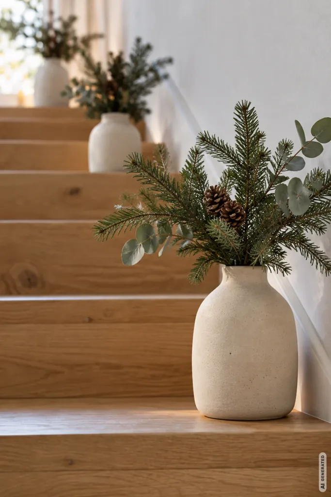 Moderne Weihnachtsdeko für Treppenstufen mit Keramikvase, Tannenzweigen und Eukalyptus.