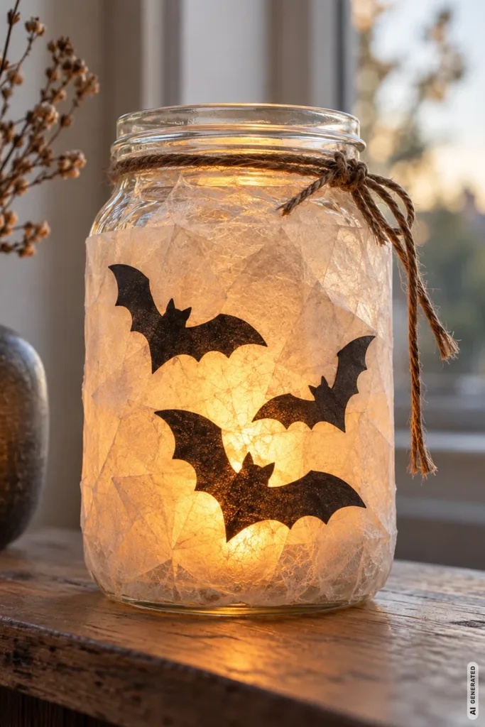 Beleuchtetes Einmachglas mit schwarzen Fledermausmotiven und warmem LED-Licht auf einem rustikalen Holzregal.