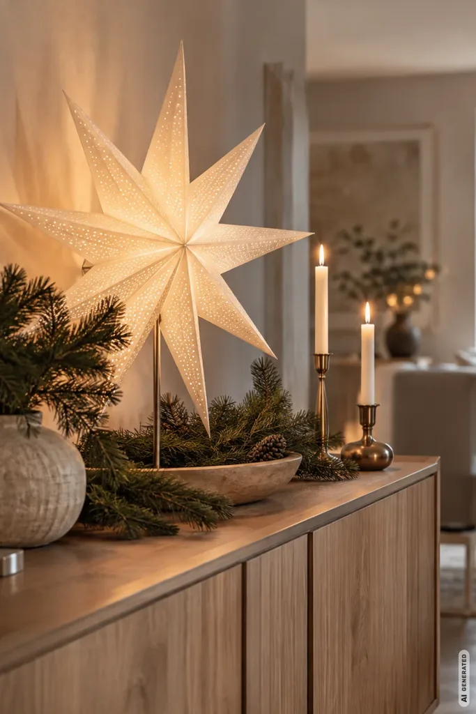 Weihnachten ohne Baum: 5 Ideen, damit dein Wohnzimmer nicht leer wirkt Weihnachtlich dekoriertes Sideboard mit leuchtendem Papierstern, Kerzen, Tannenzweigen und natürlichen Materialien.
