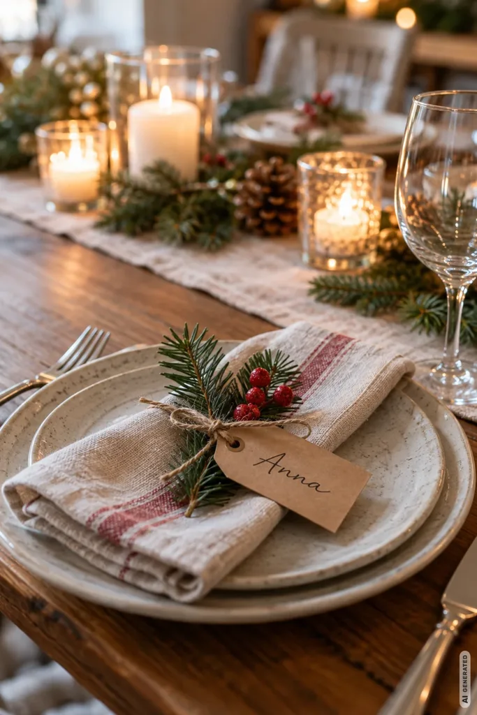 Weihnachtsdeko für den Esstisch mit Platzkarte, Tannenzweig, Serviette und Kerzen auf rustikalem Holztisch.