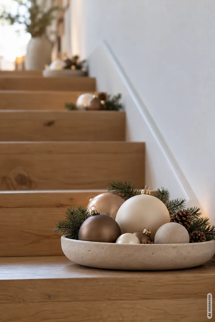Moderne Weihnachtsdeko für Treppenstufen mit matten Weihnachtskugeln in einer hellen Schale.