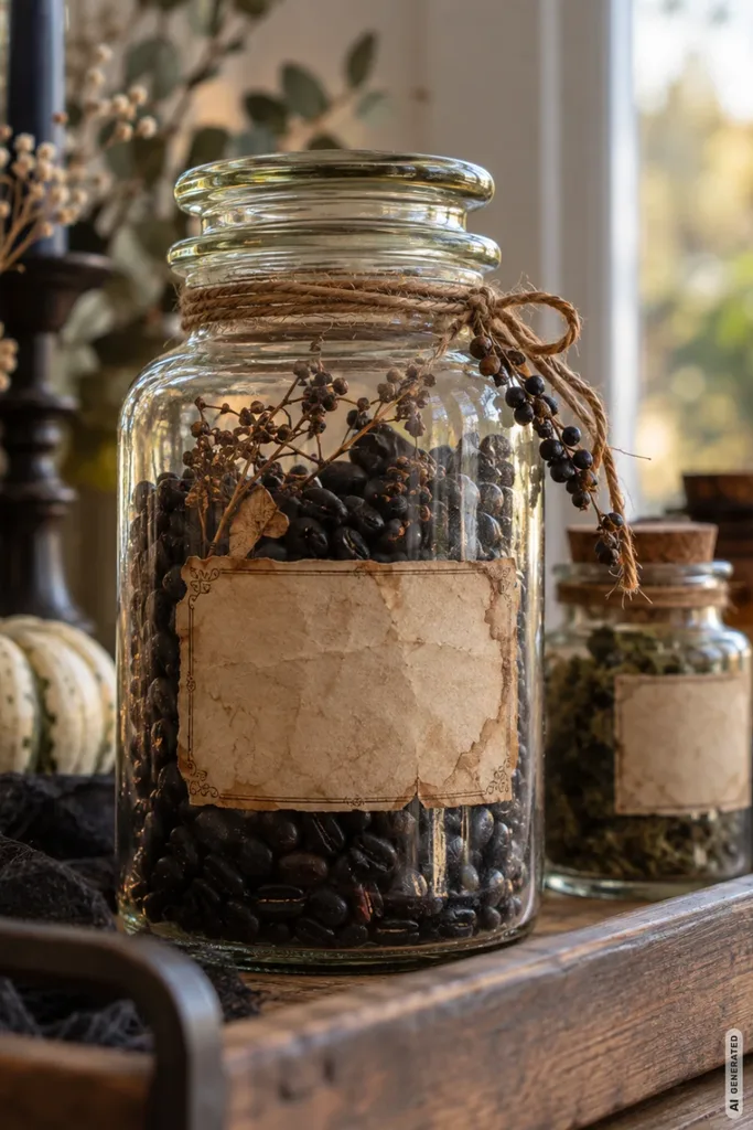 Alte Glasgefäße mit dunklen Bohnen, getrockneten Pflanzen und antiken Papieretiketten auf einem Holztablett.