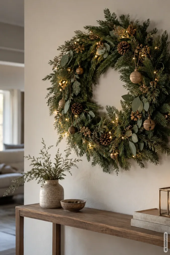 Weihnachten ohne Baum: 5 Ideen, damit dein Wohnzimmer nicht leer wirkt Großer Weihnachtskranz aus Tannengrün mit Lichterkette und Naturdeko über einer schmalen Holzkonsole.