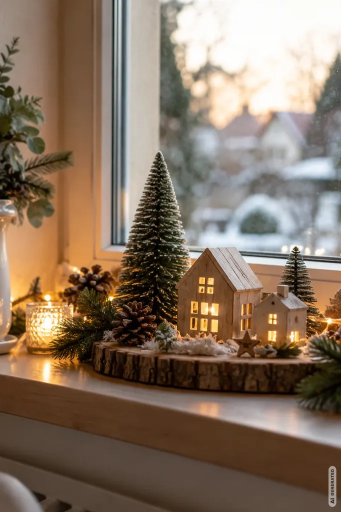 Weihnachtsdeko fürs Fenster: 5 Ideen, die auch von draußen schön aussehen Weihnachtsdeko für die Fenster mit Holzhaus, Tannenbaum und warmem Licht als winterliche Deko-Idee.