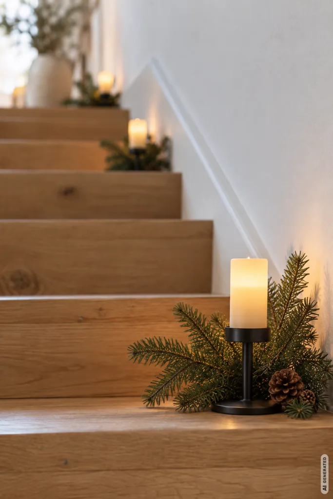 Moderne Weihnachtsdeko für Treppenstufen mit Tannengrün und warm leuchtender LED-Kerze.