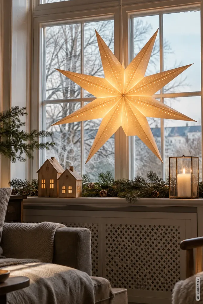 Weihnachten ohne Baum: 5 Ideen, damit dein Wohnzimmer nicht leer wirkt Großer leuchtender Papierstern am Wohnzimmerfenster mit Holzhäusern, Tannengrün und einer Laterne.
