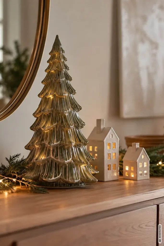 Weihnachtsdeko für die Kommode mit Keramikbaum, Lichthäusern, Tannengrün und warmen Lichtern.