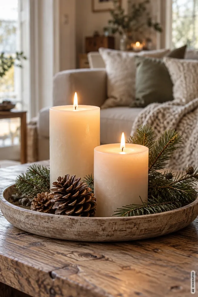 Weihnachtsdeko für den Couchtisch mit Kerzen, Tannenzweigen und Zapfen in ruhiger Wohnzimmeratmosphäre.