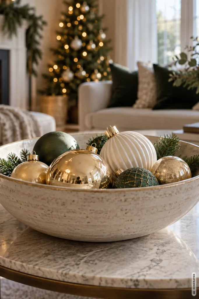 Große Keramikschale mit goldenen, grünen und cremefarbenen Weihnachtskugeln auf einem runden Couchtisch.