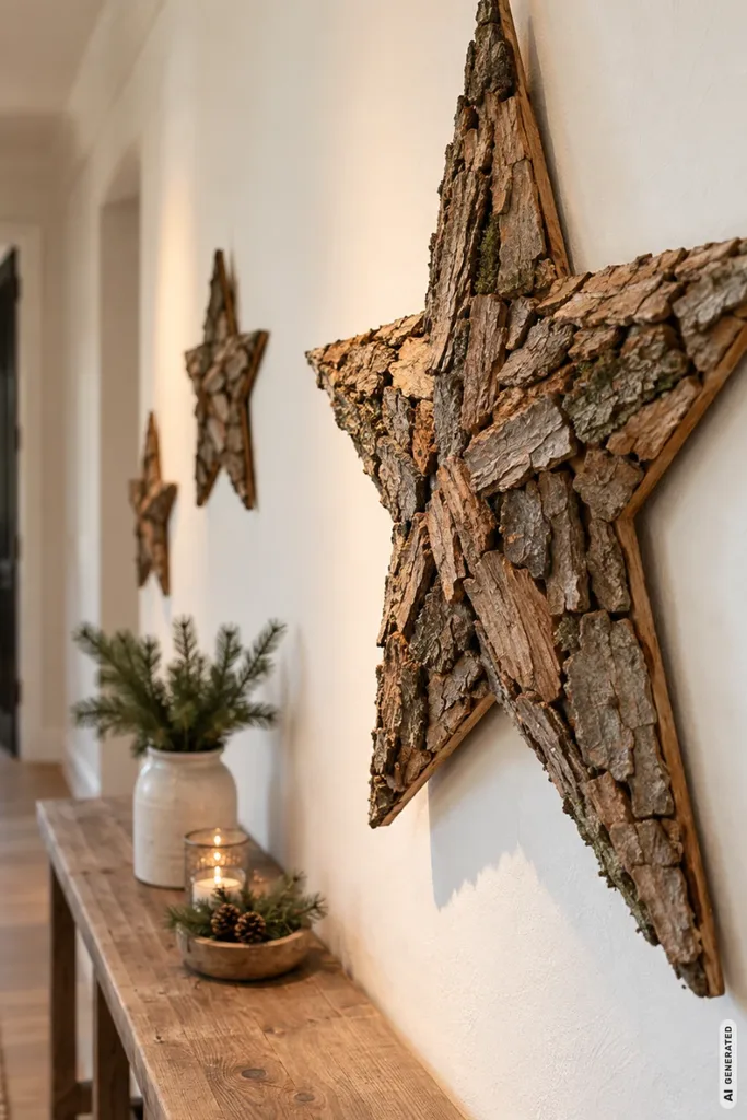 Große Weihnachtssterne aus natürlicher Baumrinde hängen an einer hellen Wand über einer schmalen Holzkonsole.