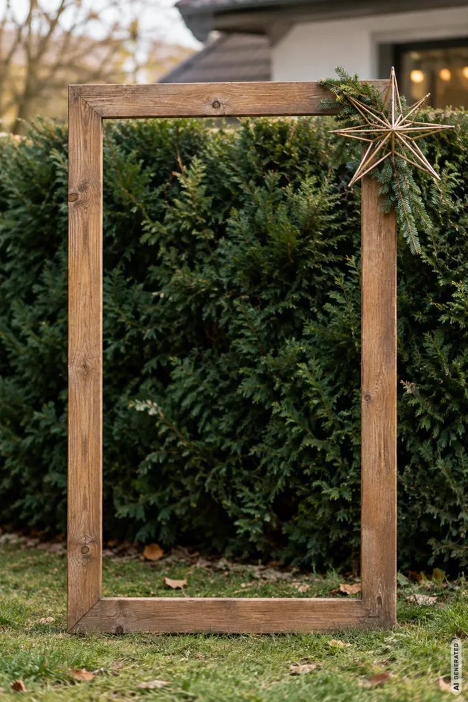 Moderne Weihnachtsdeko für den Vorgarten: 5 Ideen, die du nicht überall siehst Moderner Holzrahmen mit dekorativem Stern und Tannengrün vor einer immergrünen Hecke im Vorgarten.